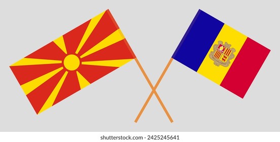 Crossed flags of North Macedonia and Andorra. Official colors. Correct proportion. Vector illustration
