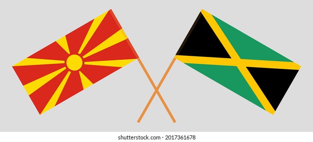 Crossed flags of North Macedonia and Jamaica. Official colors. Correct proportion