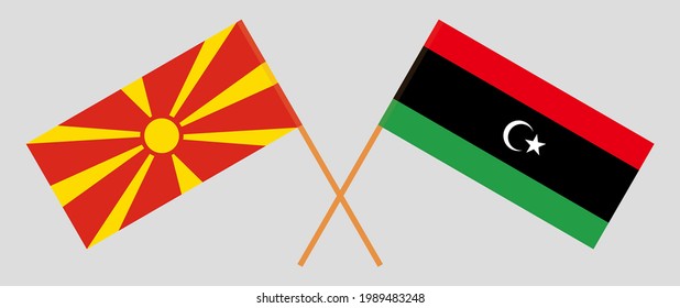 Crossed flags of North Macedonia and Libya. Official colors. Correct proportion