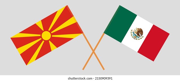 Crossed flags of North Macedonia and Mexico. Official colors. Correct proportion. Vector illustration
