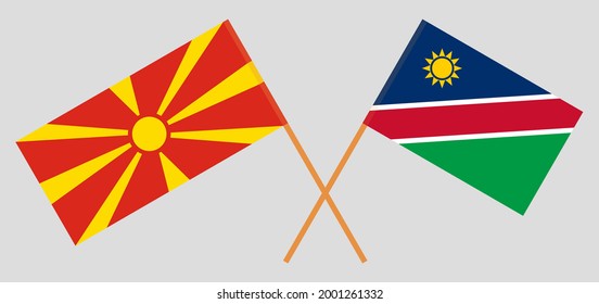 Banderas cruzadas del norte de Macedonia y Namibia. Colores oficiales. Proporción correcta