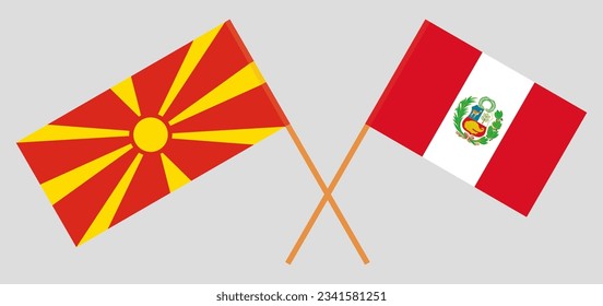 Crossed flags of North Macedonia and Peru. Official colors. Correct proportion. Vector illustration
