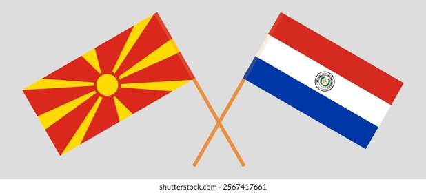 Crossed flags of North Macedonia and Republic of Paraguay. Official colors. Correct proportion. Vector illustration.
