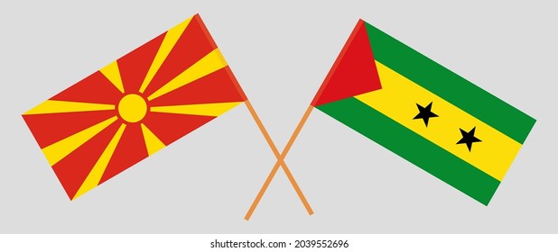 Crossed flags of North Macedonia and Sao Tome and Principe. Official colors. Correct proportion