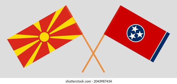 Banderas cruzadas del norte de Macedonia y el estado de Tennessee. Colores oficiales. Proporción correcta