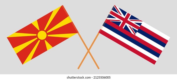 Crossed flags of North Macedonia and The State Of Hawaii. Official colors. Correct proportion. Vector illustration
