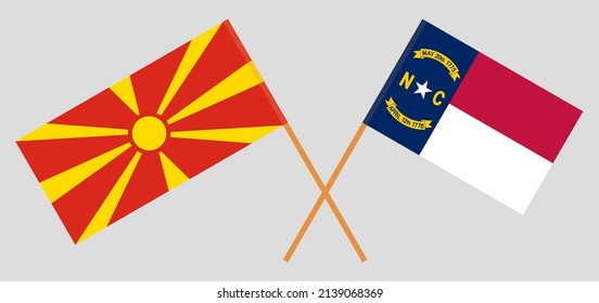 Crossed flags of North Macedonia and The State of North Carolina. Official colors. Correct proportion. Vector illustration
