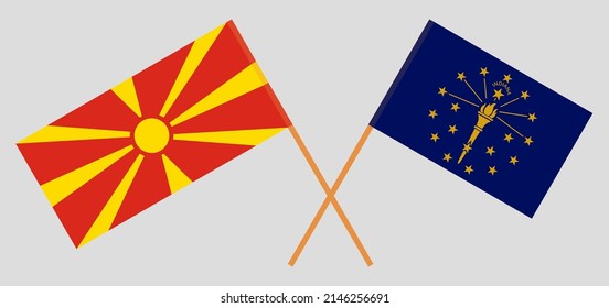 Crossed flags of North Macedonia and the State of Indiana. Official colors. Correct proportion. Vector illustration
