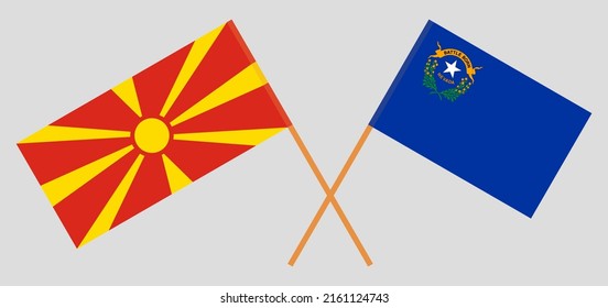 Crossed flags of North Macedonia and The State of Nevada. Official colors. Correct proportion. Vector illustration
