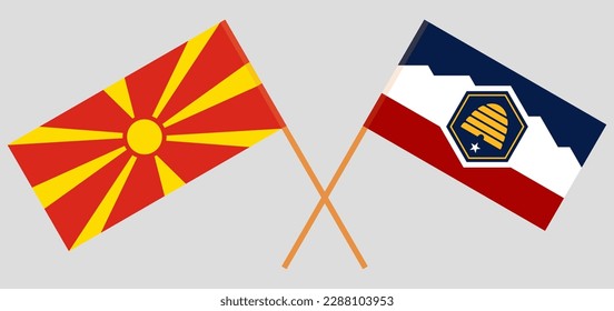 Banderas cruzadas del norte de Macedonia y el estado de Utah. Colores oficiales. Proporción correcta. Ilustración del vector
