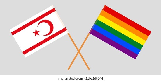 Crossed flags of Northern Cyprus and LGBTQ. Official colors. Correct proportion. Vector illustration
