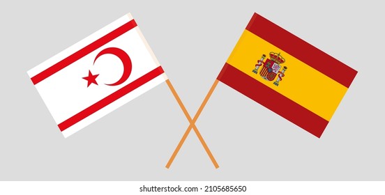 Crossed flags of Northern Cyprus and Spain. Official colors. Correct proportion. Vector illustration
