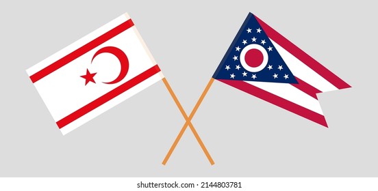 Überquerte Flaggen Nordzyperns und des Staates Ohio. Offizielle Farben. Richtiger Anteil. Vektorgrafik
