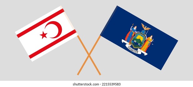 Crossed flags of Northern Cyprus and The State of New York. Official colors. Correct proportion. Vector illustration
