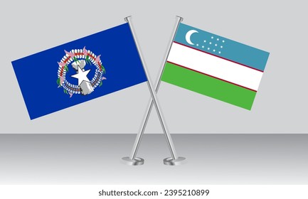Crossed flags of Northern Mariana Islands and Uzbekistan. Official colors. Correct proportion. Banner design