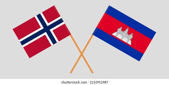 Crossed flags of Norway and Cambodia. Official colors. Correct proportion. Vector illustration
