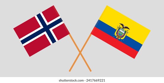 Crossed flags of Norway and Ecuador. Official colors. Correct proportion. Vector illustration
