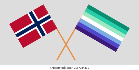 Crossed flags of Norway and gay men pride. Official colors. Correct proportion. Vector illustration
