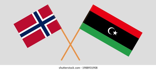 Banderas cruzadas de Noruega y Libia. Colores oficiales. Proporción correcta