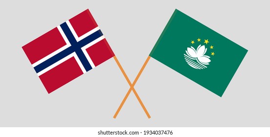Crossed flags of Norway and Macau. Official colors. Correct proportion