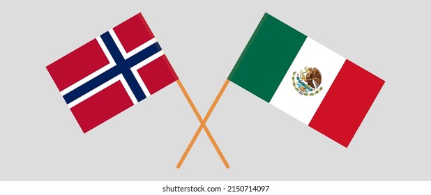 Crossed flags of Norway and Mexico. Official colors. Correct proportion. Vector illustration
