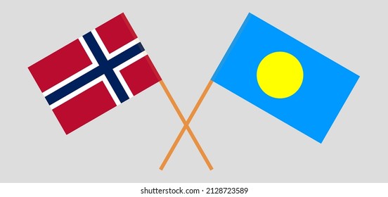 Crossed flags of Norway and Palau. Official colors. Correct proportion. Vector illustration