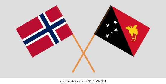 Crossed flags of Norway and Papua New Guinea. Official colors. Correct proportion. Vector illustration

