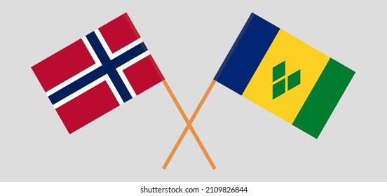 Crossed flags of Norway and Saint Vincent and the Grenadines. Official colors. Correct proportion. Vector illustration
