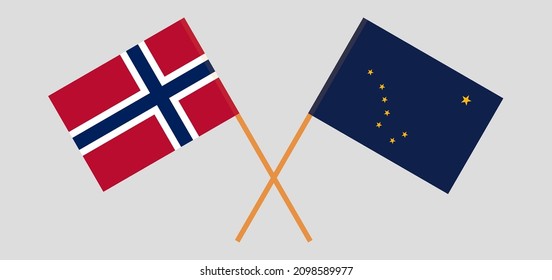 Crossed flags of Norway and the State of Alaska. Official colors. Correct proportion. Vector illustration
