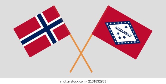 Crossed flags of Norway and The State of Arkansas. Official colors. Correct proportion. Vector illustration