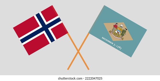 Crossed flags of Norway and The State of Delaware. Official colors. Correct proportion. Vector illustration
