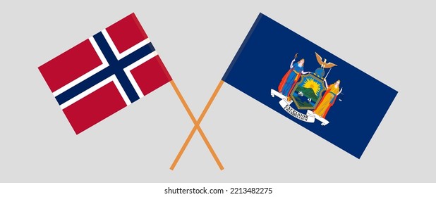 Crossed flags of Norway and The State of New York. Official colors. Correct proportion. Vector illustration
