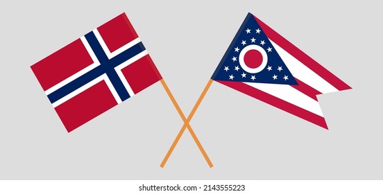 Überquerte Flaggen Norwegens und des Staates Ohio. Offizielle Farben. Richtiger Anteil. Vektorgrafik
