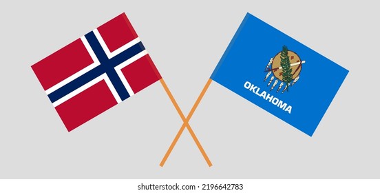 Crossed flags of Norway and The State of Oklahoma. Official colors. Correct proportion. Vector illustration
