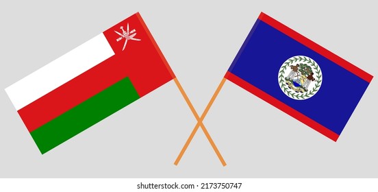 Crossed flags of Oman and Belize. Official colors. Correct proportion. Vector illustration
