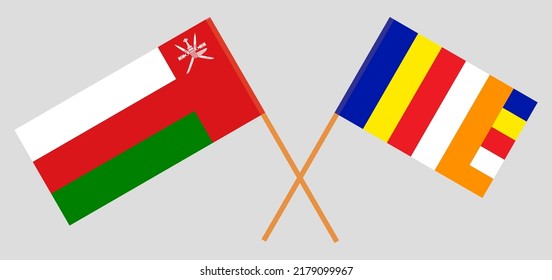 Crossed flags of Oman and Buddhism. Official colors. Correct proportion. Vector illustration
