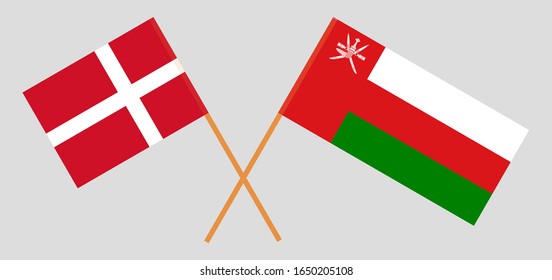 Banderas cruzadas de Omán y Dinamarca. Colores oficiales. Proporción correcta. Ilustración del vector
