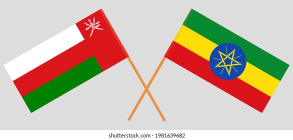 Crossed flags of Oman and Ethiopia. Official colors. Correct proportion