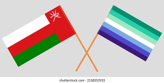 Crossed flags of Oman and gay men pride. Official colors. Correct proportion. Vector illustration
