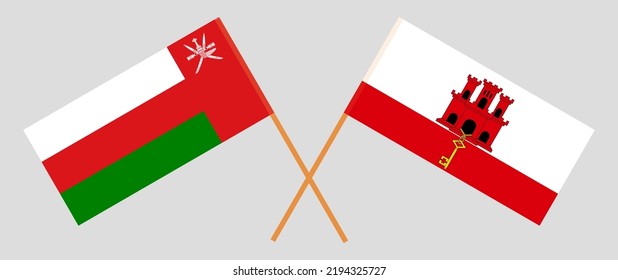 Crossed flags of Oman and Gibraltar. Official colors. Correct proportion. Vector illustration
