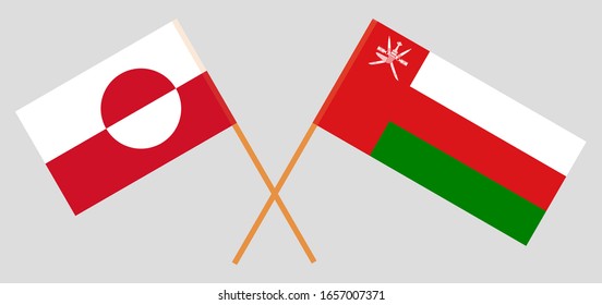 Crossed flags of Oman and Greenland. Official colors. Correct proportion. Vector illustration
