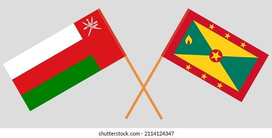 Überquerte Flaggen von Oman und Grenada. Offizielle Farben. Richtiger Anteil. Vektorgrafik
