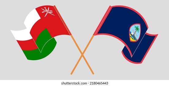 Crossed flags of Oman and Guam. Official colors. Correct proportion. Vector illustration
