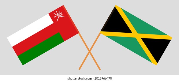Crossed flags of Oman and Jamaica. Official colors. Correct proportio