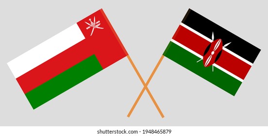 Banderas cruzadas de Omán y Kenia. Colores oficiales. Proporción correcta