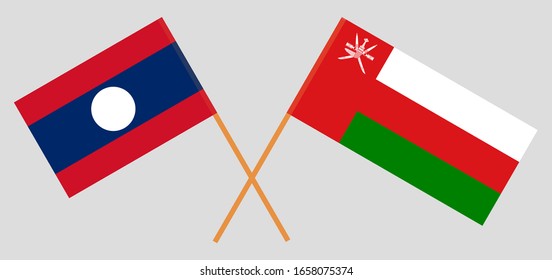 Überquerte Flaggen von Oman und Laos. Offizielle Farben. Richtiger Anteil. Vektorillustration
