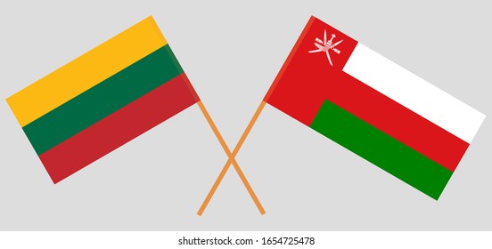 Banderas cruzadas de Omán y Lituania. Colores oficiales. Proporción correcta. Ilustración del vector
