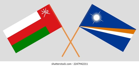 Gekreuzte Flaggen der Oman- und Marshallinseln. Offizielle Farben. Richtiger Anteil. Vektorgrafik
