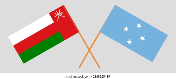 Crossed flags of Oman and Micronesia. Official colors. Correct proportion. Vector illustration
