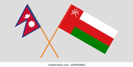 Banderas cruzadas de Omán y Nepal. Colores oficiales. Proporción correcta. Ilustración del vector
